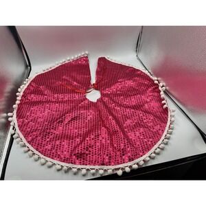 Christmas Tree Skirt Glitter Pink w White Pom Pom Edging 22" x 24" Small Skirt